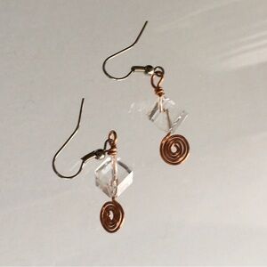 1 3/4” Copper Spiral & Glass Cube Dangle Drop Earrings
